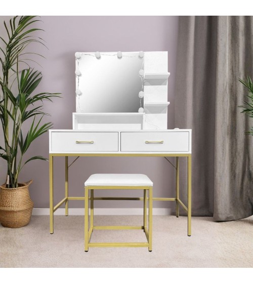 Toeletta Lunar con sgabello e specchio con LED colore bianco e struttura oro