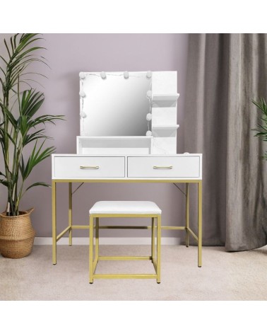Toeletta Lunar con sgabello e specchio con LED colore bianco e struttura oro