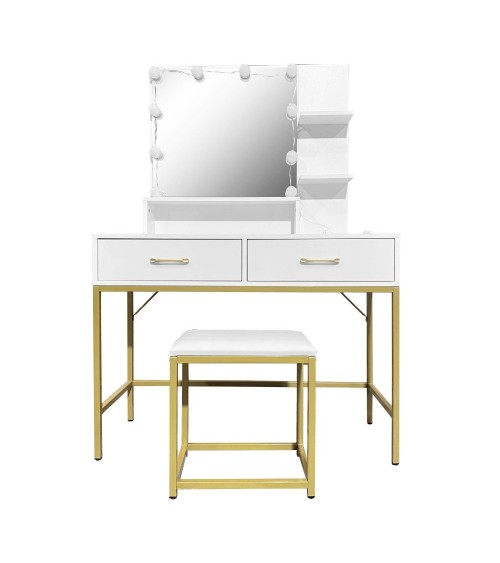 Toeletta Lunar con sgabello e specchio con LED colore bianco e struttura oro