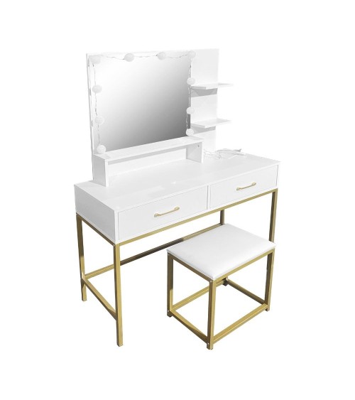 Toeletta Lunar con sgabello e specchio con LED colore bianco e struttura oro