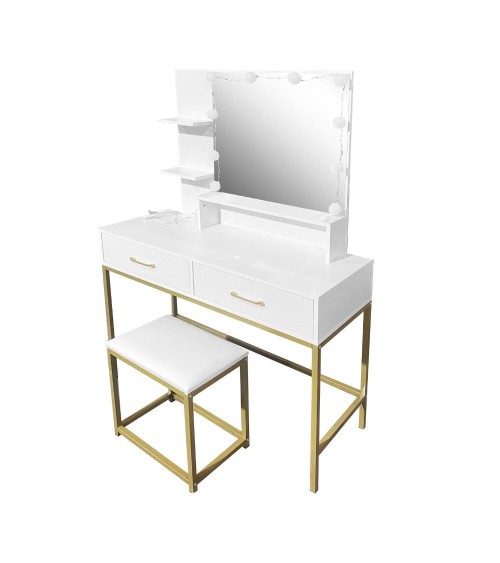 Toeletta Lunar con sgabello e specchio con LED colore bianco e struttura oro