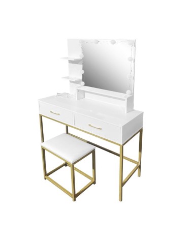 Toeletta Lunar con sgabello e specchio con LED colore bianco e struttura oro