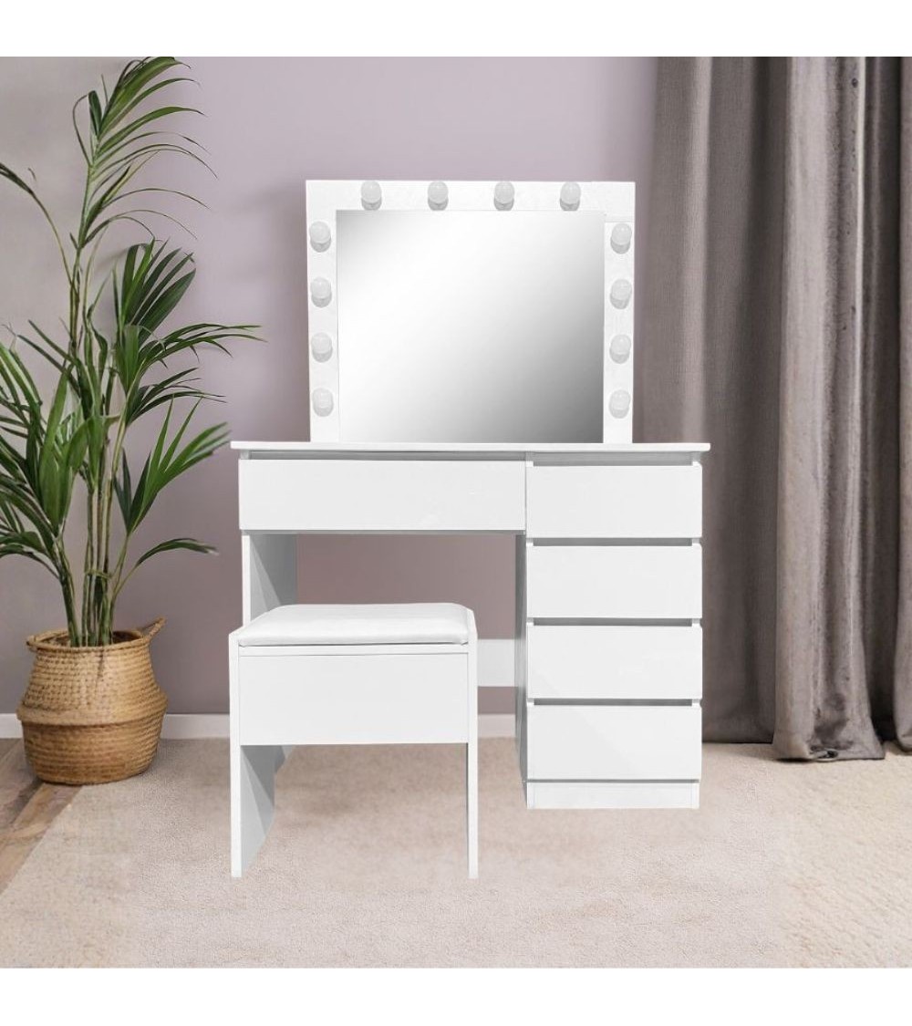 Toeletta Aurora 5 cassetti con sgabello e specchio con led colore bianco lucido