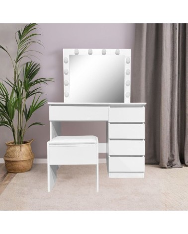 Toeletta Aurora 5 cassetti con sgabello e specchio con led colore bianco lucido