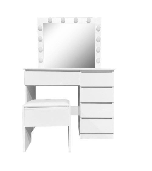 Toeletta Aurora 5 cassetti con sgabello e specchio con led colore bianco lucido