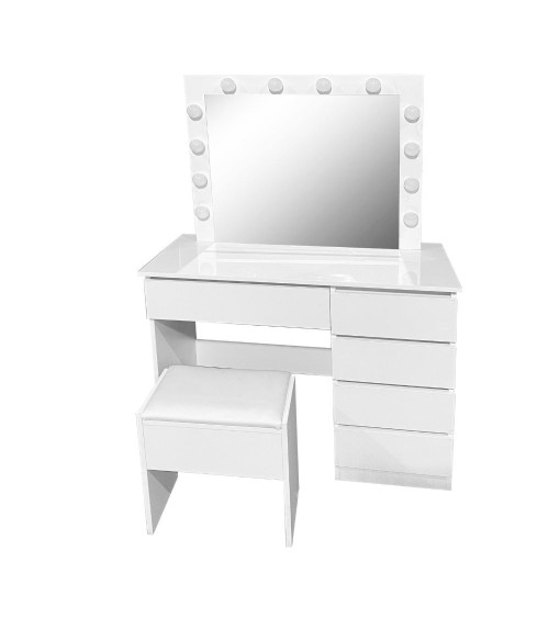 Toeletta Aurora 5 cassetti con sgabello e specchio con led colore bianco lucido