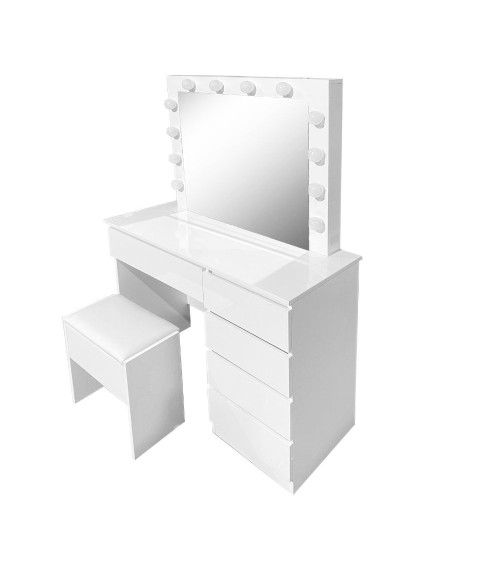 Toeletta Aurora 5 cassetti con sgabello e specchio con led colore bianco lucido