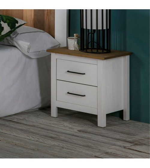 Comodino Miranda 2 cassetti in legno massiccio bianco e top pino