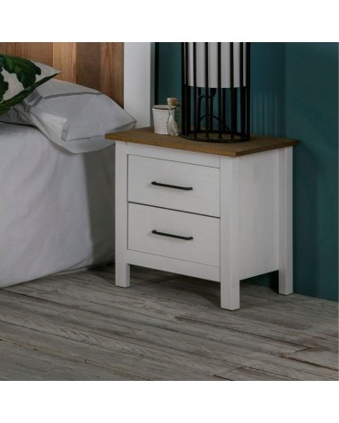 Comodino Miranda 2 cassetti in legno massiccio bianco e top pino