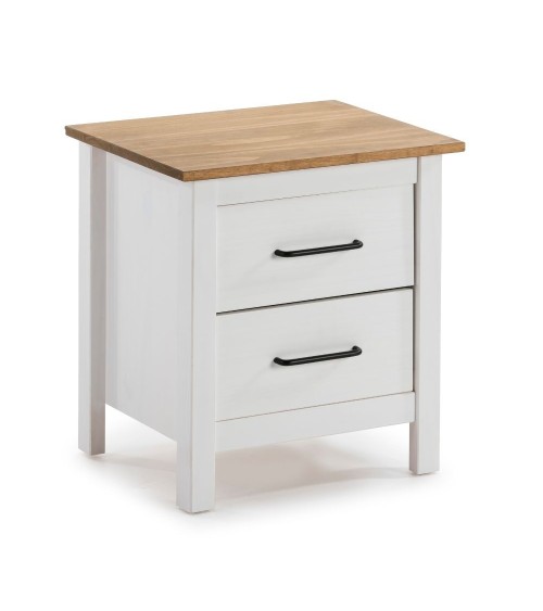 Comodino Miranda 2 cassetti in legno massiccio bianco e top pino
