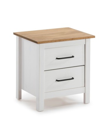 Comodino Miranda 2 cassetti in legno massiccio bianco e top pino