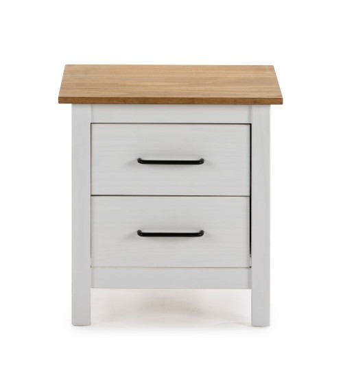 Comodino Miranda 2 cassetti in legno massiccio bianco e top pino