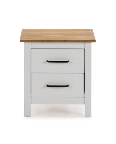 Comodino Miranda 2 cassetti in legno massiccio bianco e top pino