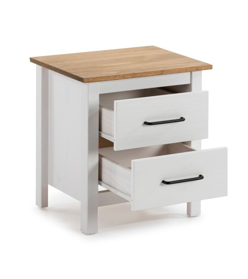 Comodino Miranda 2 cassetti in legno massiccio bianco e top pino