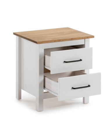 Comodino Miranda 2 cassetti in legno massiccio bianco e top pino