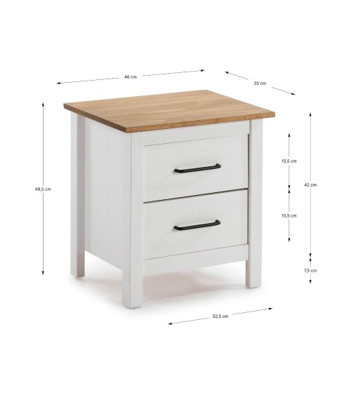 Comodino Miranda 2 cassetti in legno massiccio bianco e top pino