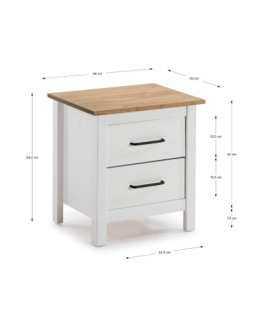 Comodino Miranda 2 cassetti in legno massiccio bianco e top pino