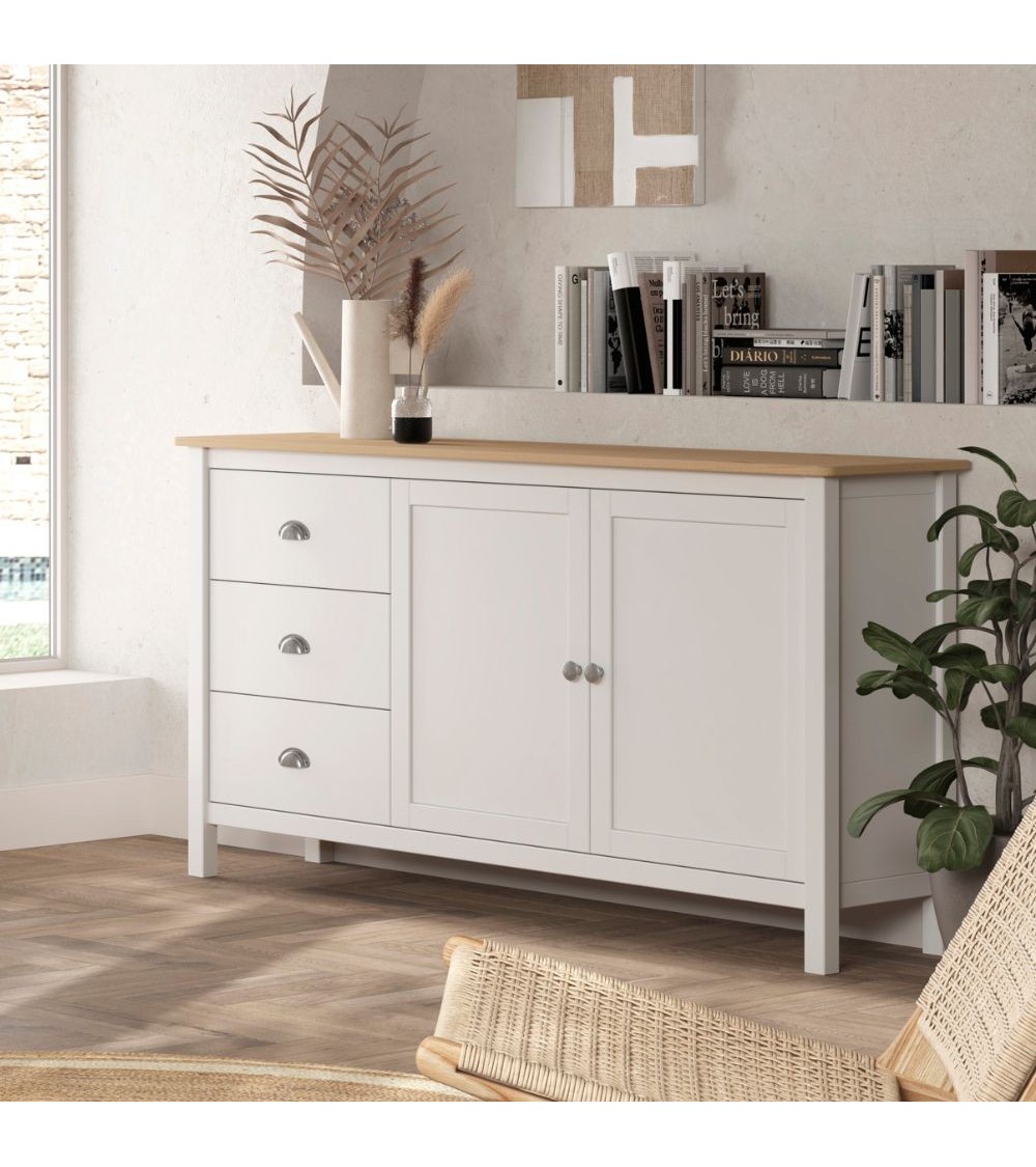Credenza Misti 2 ante e 3 cassetti in legno massiccio bianco e rovere