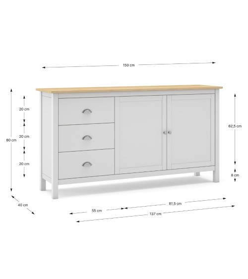 Credenza Misti 2 ante e 3 cassetti in legno massiccio bianco e rovere