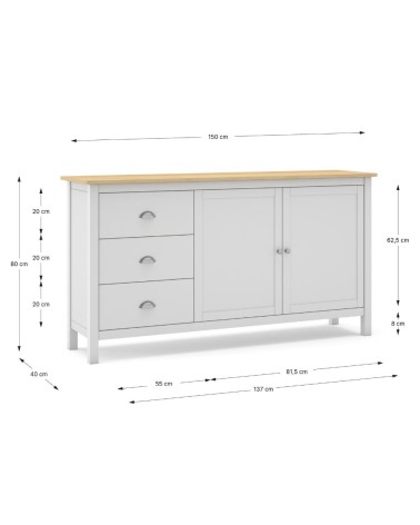 Credenza Misti 2 ante e 3 cassetti in legno massiccio bianco e rovere