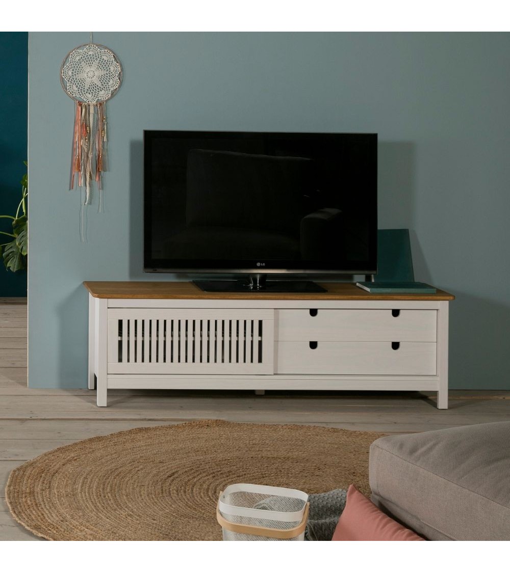Mobile porta tv Bruna con 1 anta scorrevole e 2 cassetti in legno massiccio bianco e top pino