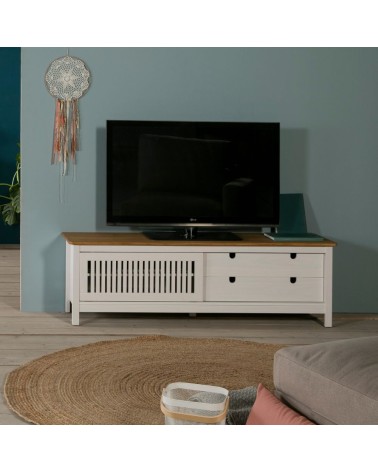 Mobile porta tv Bruna con 1 anta scorrevole e 2 cassetti in legno massiccio bianco e top pino