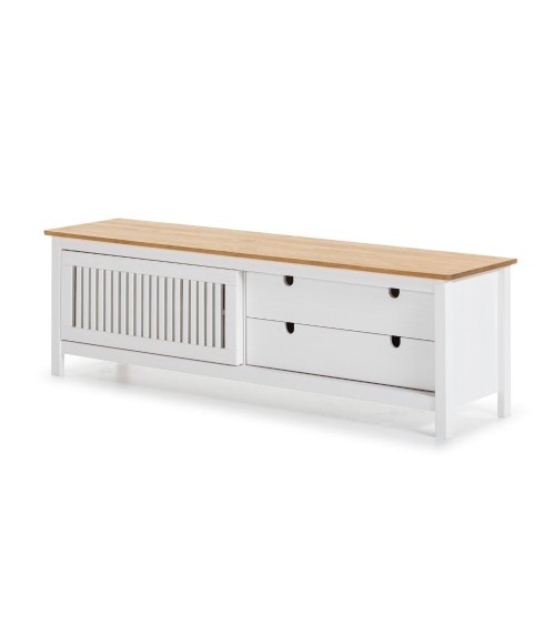 Mobile porta tv Bruna con 1 anta scorrevole e 2 cassetti in legno massiccio bianco e top pino