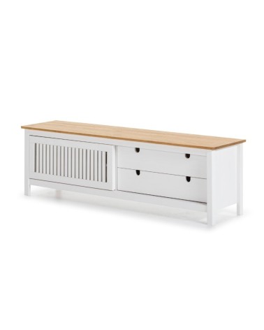 Mobile porta tv Bruna con 1 anta scorrevole e 2 cassetti in legno massiccio bianco e top pino