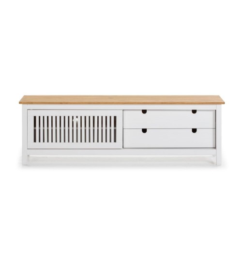 Mobile porta tv Bruna con 1 anta scorrevole e 2 cassetti in legno massiccio bianco e top pino