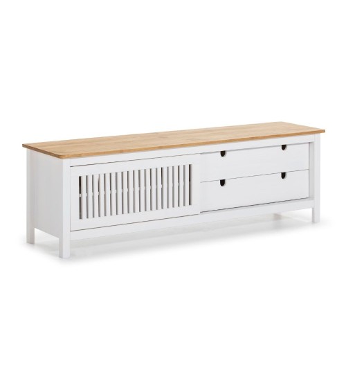 Mobile porta tv Bruna con 1 anta scorrevole e 2 cassetti in legno massiccio bianco e top pino