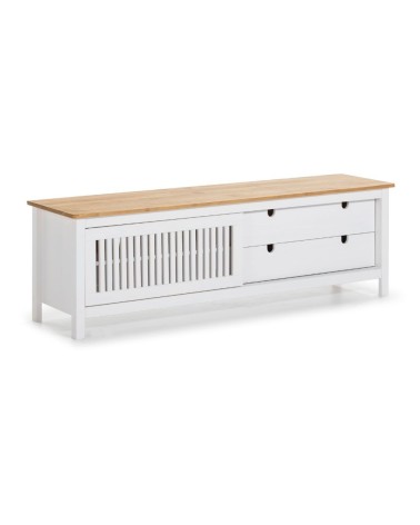 Mobile porta tv Bruna con 1 anta scorrevole e 2 cassetti in legno massiccio bianco e top pino