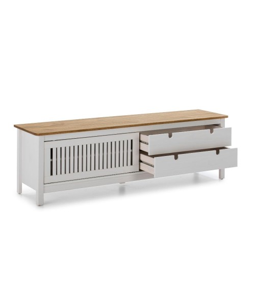 Mobile porta tv Bruna con 1 anta scorrevole e 2 cassetti in legno massiccio bianco e top pino