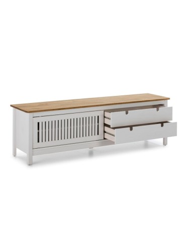 Mobile porta tv Bruna con 1 anta scorrevole e 2 cassetti in legno massiccio bianco e top pino