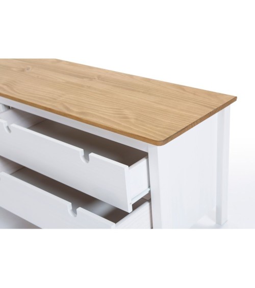 Mobile porta tv Bruna con 1 anta scorrevole e 2 cassetti in legno massiccio bianco e top pino