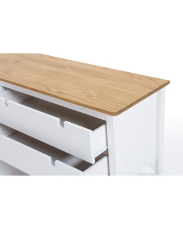 Mobile porta tv Bruna con 1 anta scorrevole e 2 cassetti in legno massiccio bianco e top pino