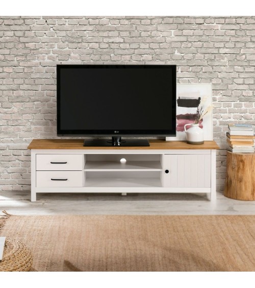 Mobile porta tv Miranda con 1 anta 2 cassetti e 2 vani a giorno in legno massiccio colore bianco e top pino