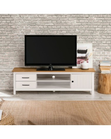Mobile porta tv Miranda con 1 anta 2 cassetti e 2 vani a giorno in legno massiccio colore bianco e top pino