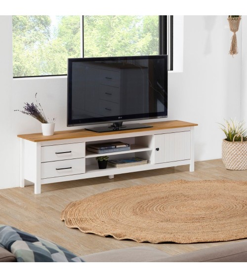 Mobile porta tv Miranda con 1 anta 2 cassetti e 2 vani a giorno in legno massiccio colore bianco e top pino