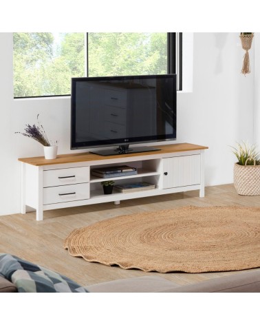 Mobile porta tv Miranda con 1 anta 2 cassetti e 2 vani a giorno in legno massiccio colore bianco e top pino