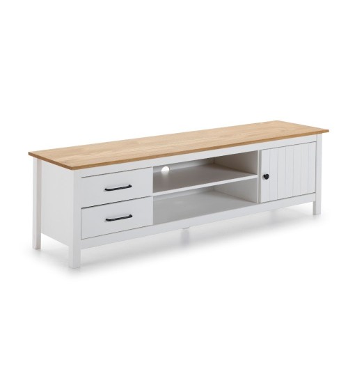 Mobile porta tv Miranda con 1 anta 2 cassetti e 2 vani a giorno in legno massiccio colore bianco e top pino