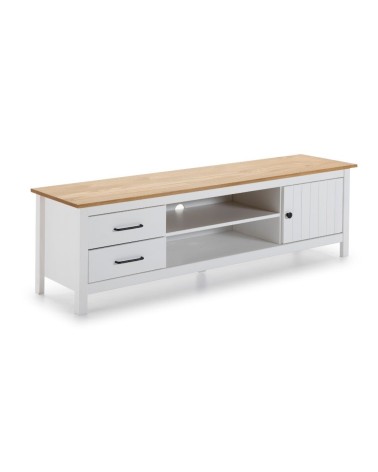Mobile porta tv Miranda con 1 anta 2 cassetti e 2 vani a giorno in legno massiccio colore bianco e top pino