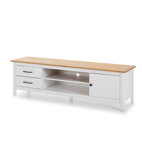 Mobile porta tv Miranda con 1 anta 2 cassetti e 2 vani a giorno in legno massiccio colore bianco e top pino