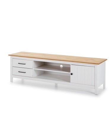 Mobile porta tv Miranda con 1 anta 2 cassetti e 2 vani a giorno in legno massiccio colore bianco e top pino