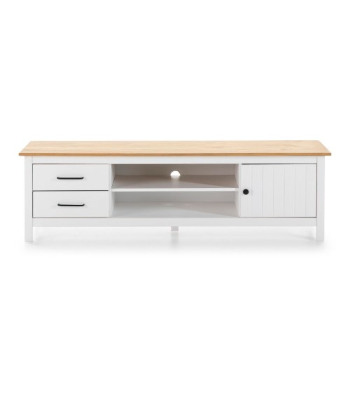 Mobile porta tv Miranda con 1 anta 2 cassetti e 2 vani a giorno in legno massiccio colore bianco e top pino