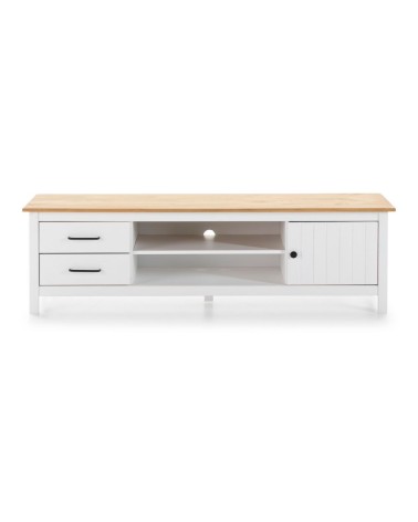 Mobile porta tv Miranda con 1 anta 2 cassetti e 2 vani a giorno in legno massiccio colore bianco e top pino