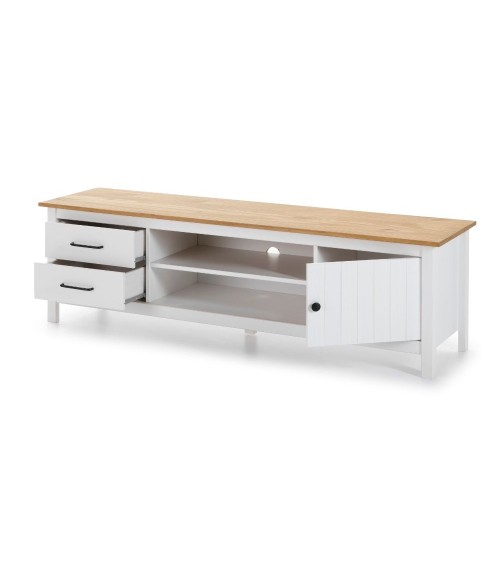 Mobile porta tv Miranda con 1 anta 2 cassetti e 2 vani a giorno in legno massiccio colore bianco e top pino