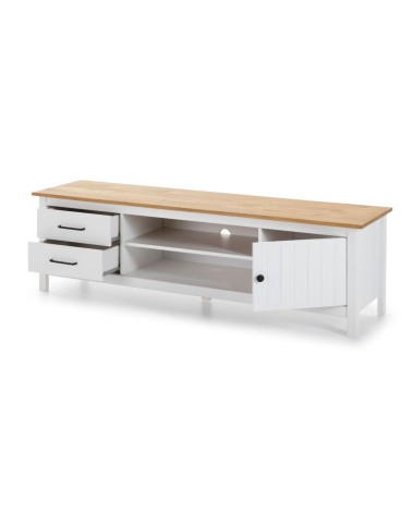 Mobile porta tv Miranda con 1 anta 2 cassetti e 2 vani a giorno in legno massiccio colore bianco e top pino