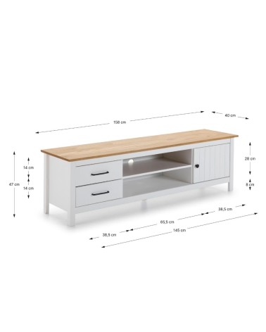 Mobile porta tv Miranda con 1 anta 2 cassetti e 2 vani a giorno in legno massiccio colore bianco e top pino
