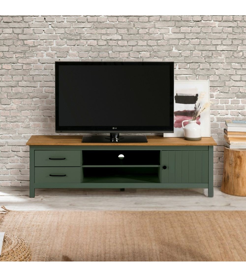 Mobile porta tv Miranda con 1 anta 2 cassetti e 2 vani a giorno in legno massiccio colore verde e top pino