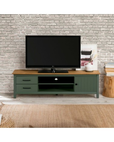 Mobile porta tv Miranda con 1 anta 2 cassetti e 2 vani a giorno in legno massiccio colore verde e top pino